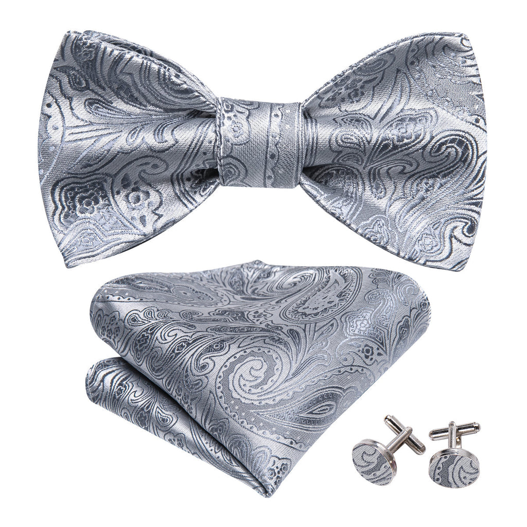 Silver Paisley Bow Tie Set - GentCrest