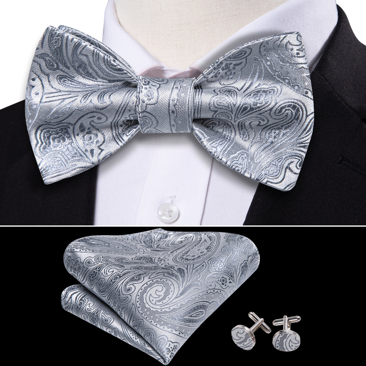 Silver Paisley Bow Tie Set - GentCrest - View 3