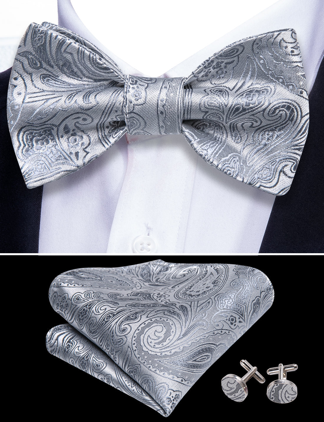 Silver Paisley Bow Tie Set - GentCrest - View 4