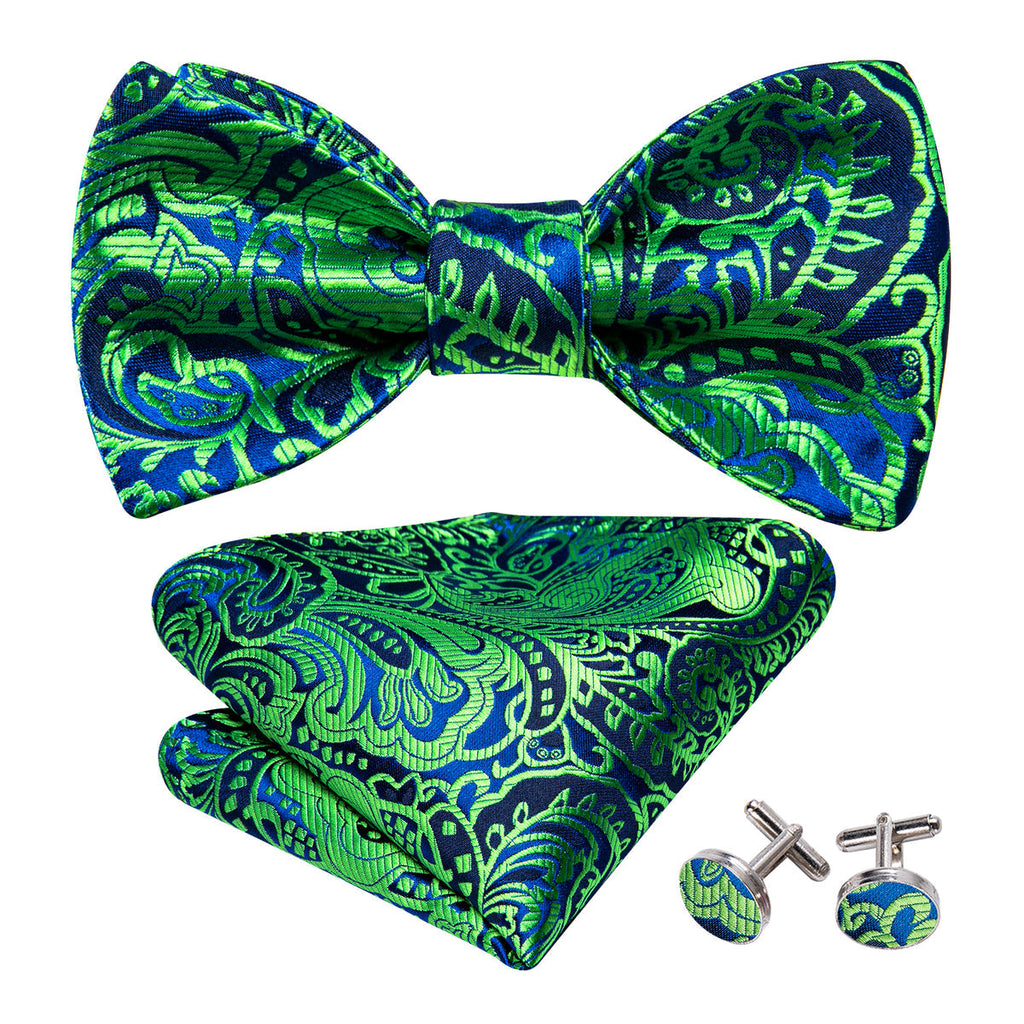 Green Navy Floral Paisley Bow Tie Set - GentCrest