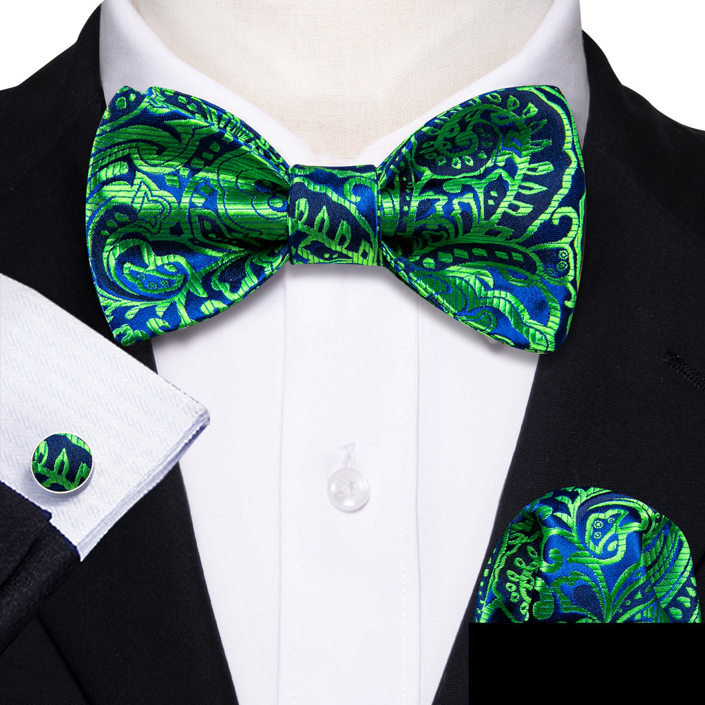 Green Navy Floral Paisley Bow Tie Set - GentCrest - View 3