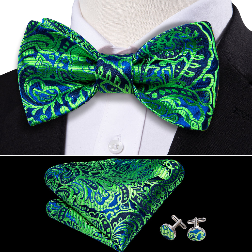 Green Navy Floral Paisley Bow Tie Set - GentCrest - View 2