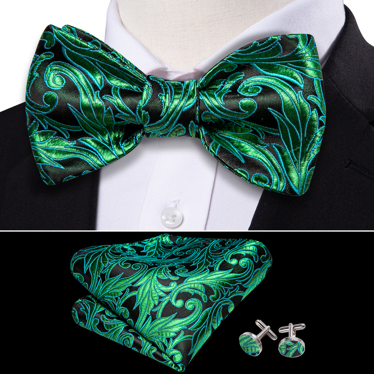 Fashion Green Paisley Bow Tie Set - GentCrest - View 3