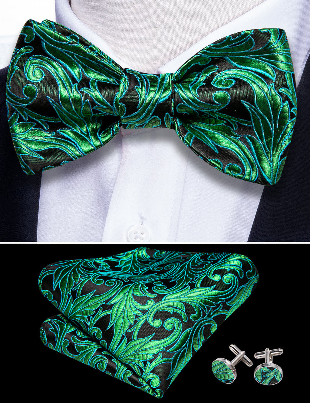 Fashion Green Paisley Bow Tie Set - GentCrest - View 4