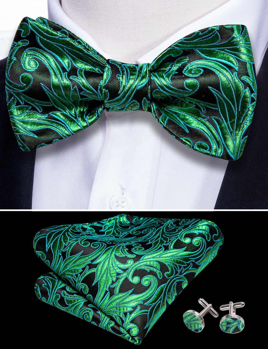 Fashion Green Paisley Bow Tie Set - GentCrest - View 4