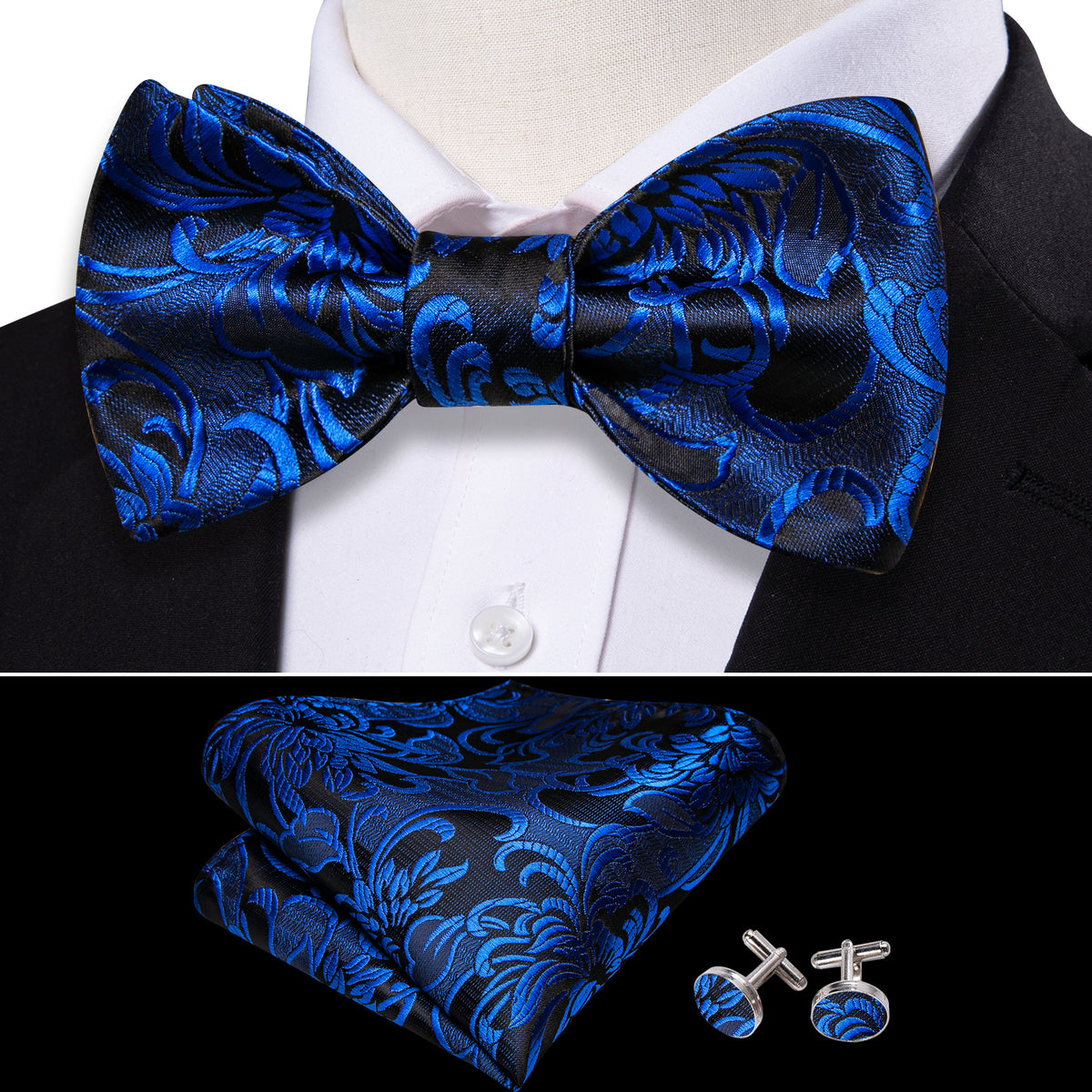 Peacock Blue Paisley Bow Tie Set - GentCrest - View 3