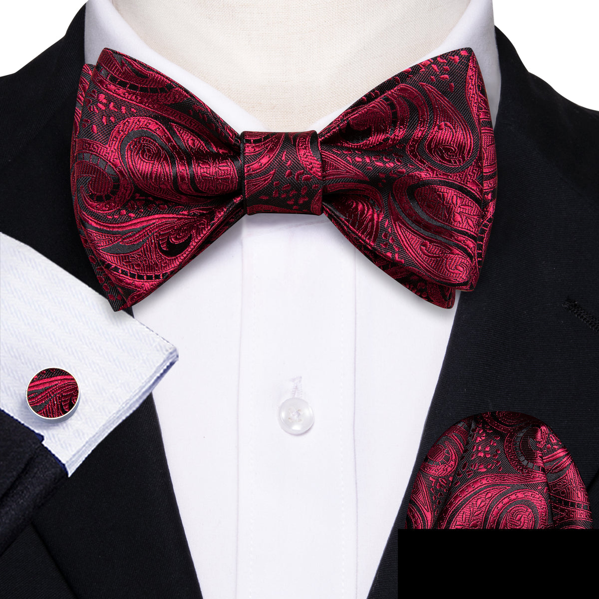 Black Red Paisley Bow Tie Set - GentCrest - View 3