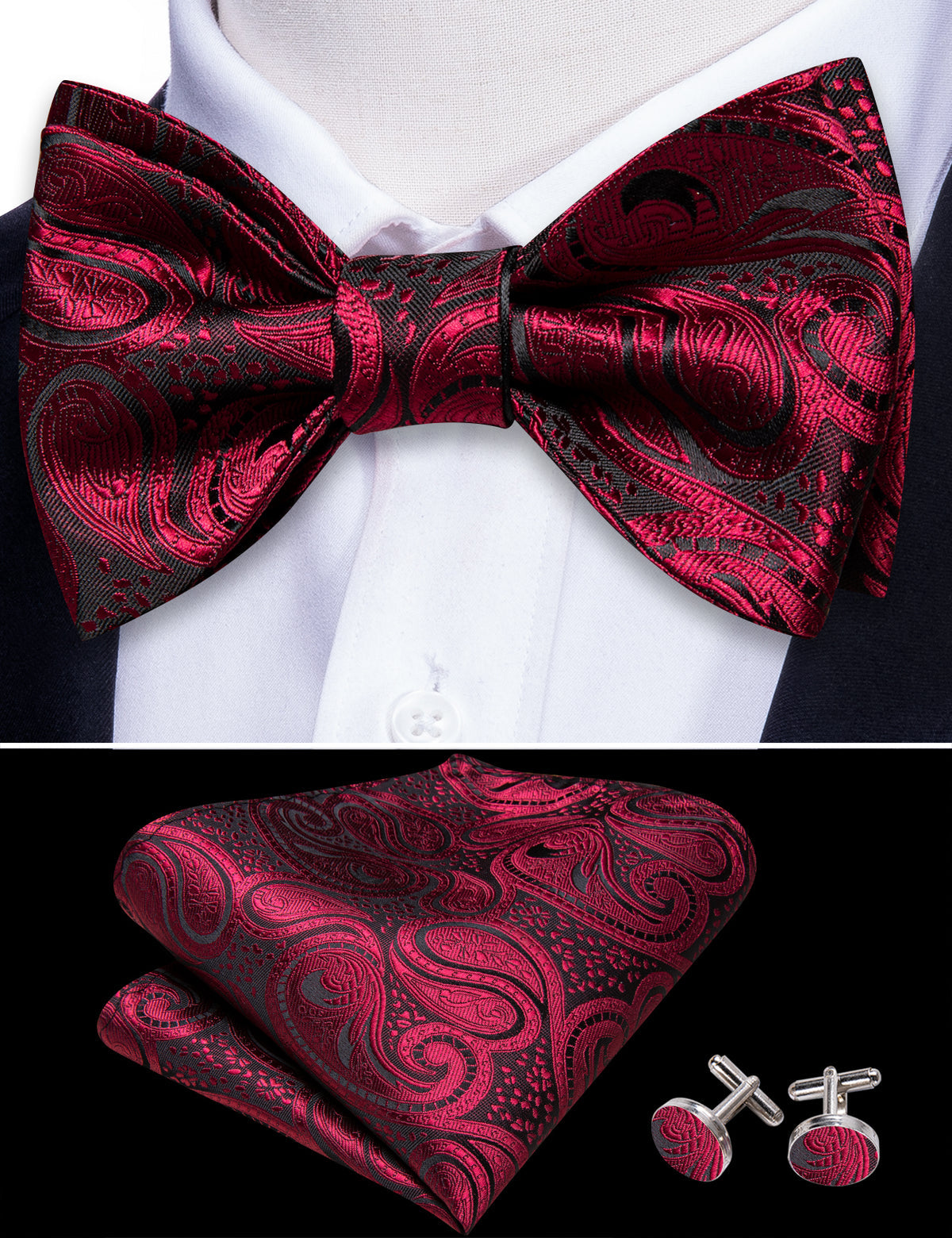 Black Red Paisley Bow Tie Set - GentCrest - View 2