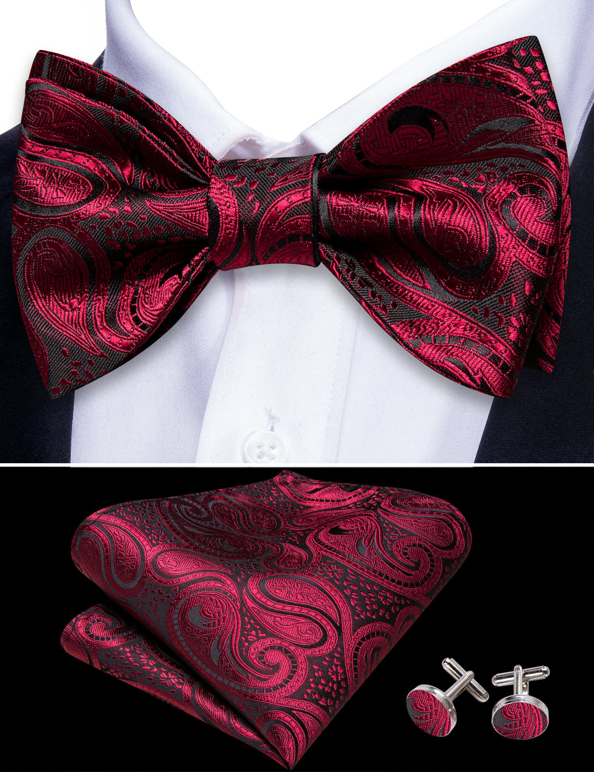 Black Red Paisley Bow Tie Set - GentCrest - View 4