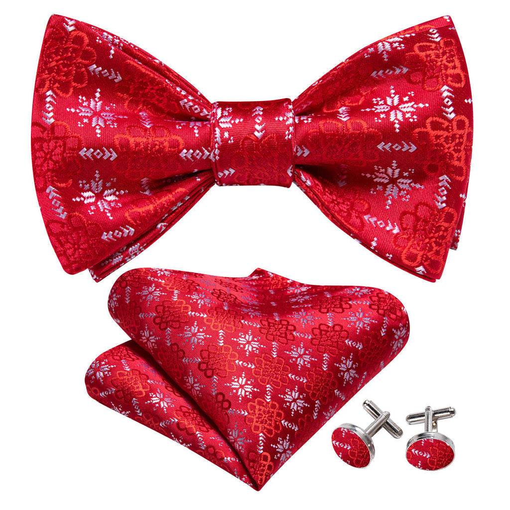 Red White Snowflake Pattern Silk Christmas Bow Tie Set - GentCrest