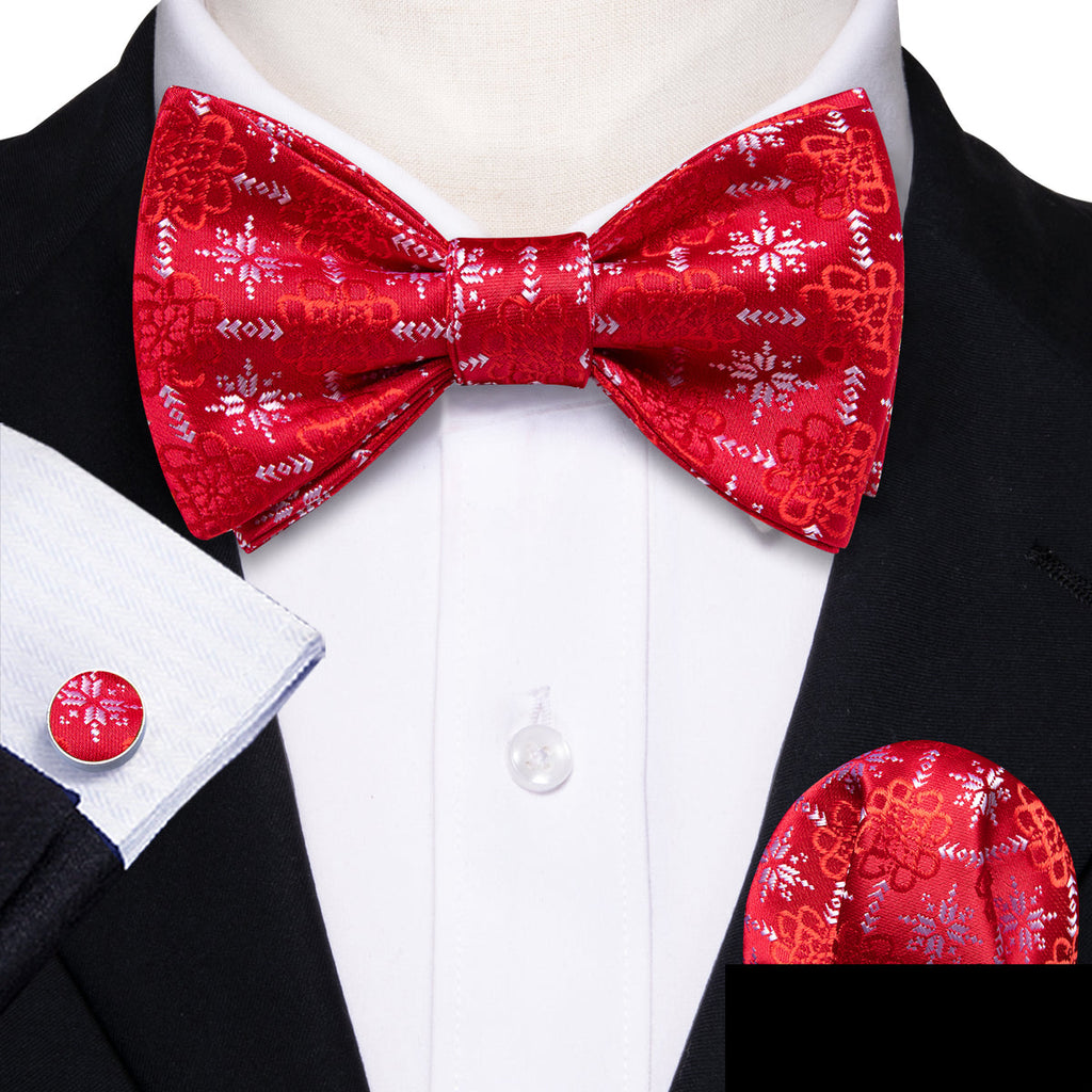 Red White Snowflake Pattern Silk Christmas Bow Tie Set - GentCrest - View 3