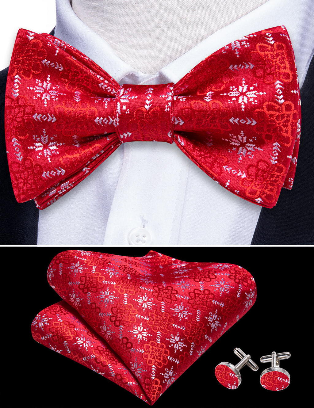 Red White Snowflake Pattern Silk Christmas Bow Tie Set - GentCrest - View 2