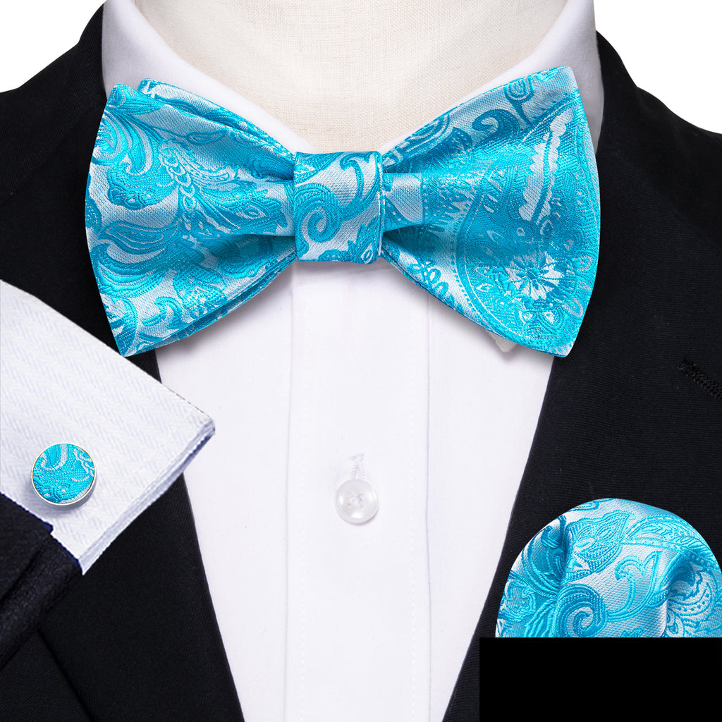 Blue and Silver Paisley Bow Tie Set - GentCrest