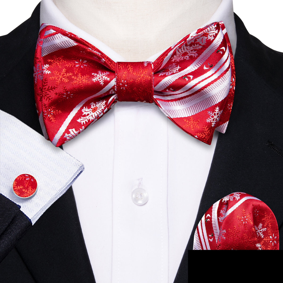 Red White Snowflake Christmas Bow Tie Set - GentCrest - View 4