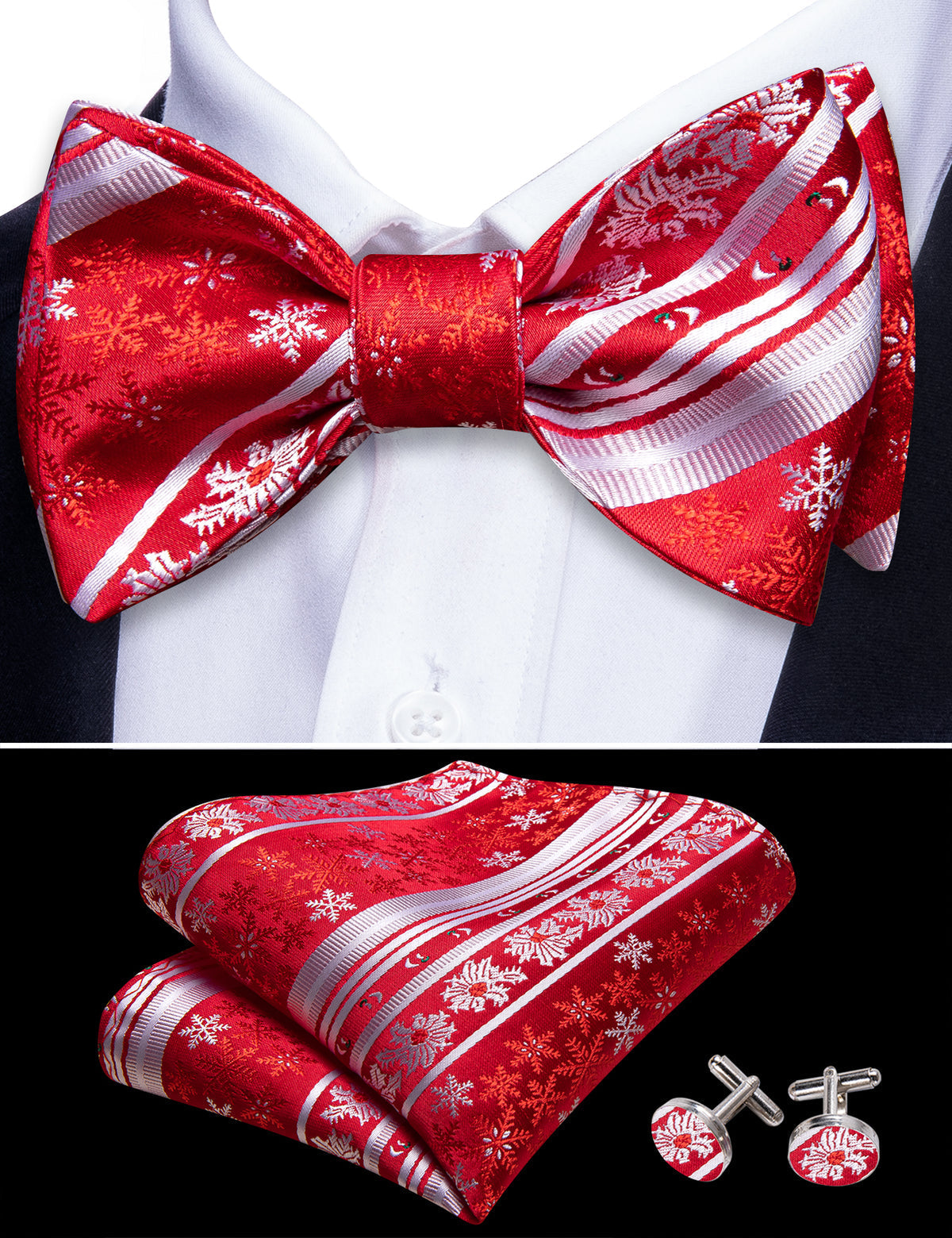 Red White Snowflake Christmas Bow Tie Set - GentCrest - View 3