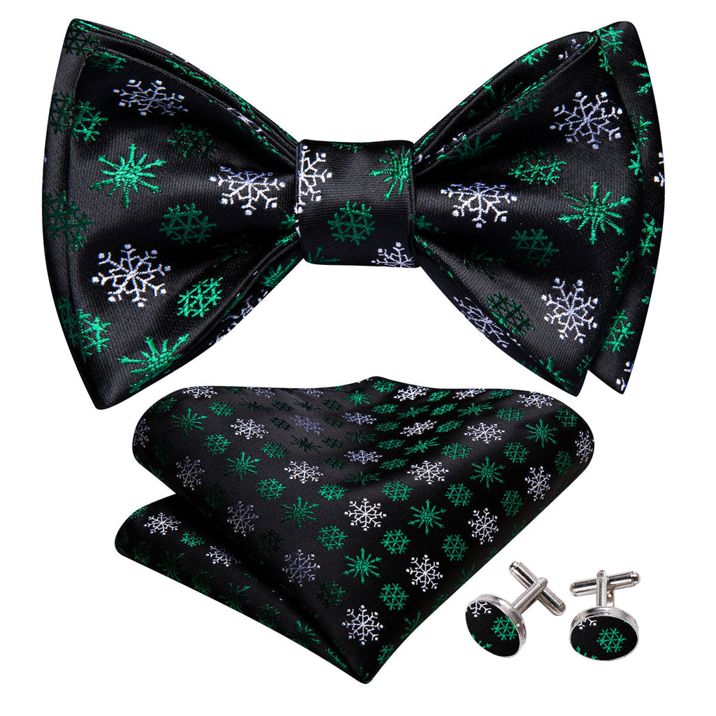 Black Green Snowflake Christmas Bow Tie Set - GentCrest