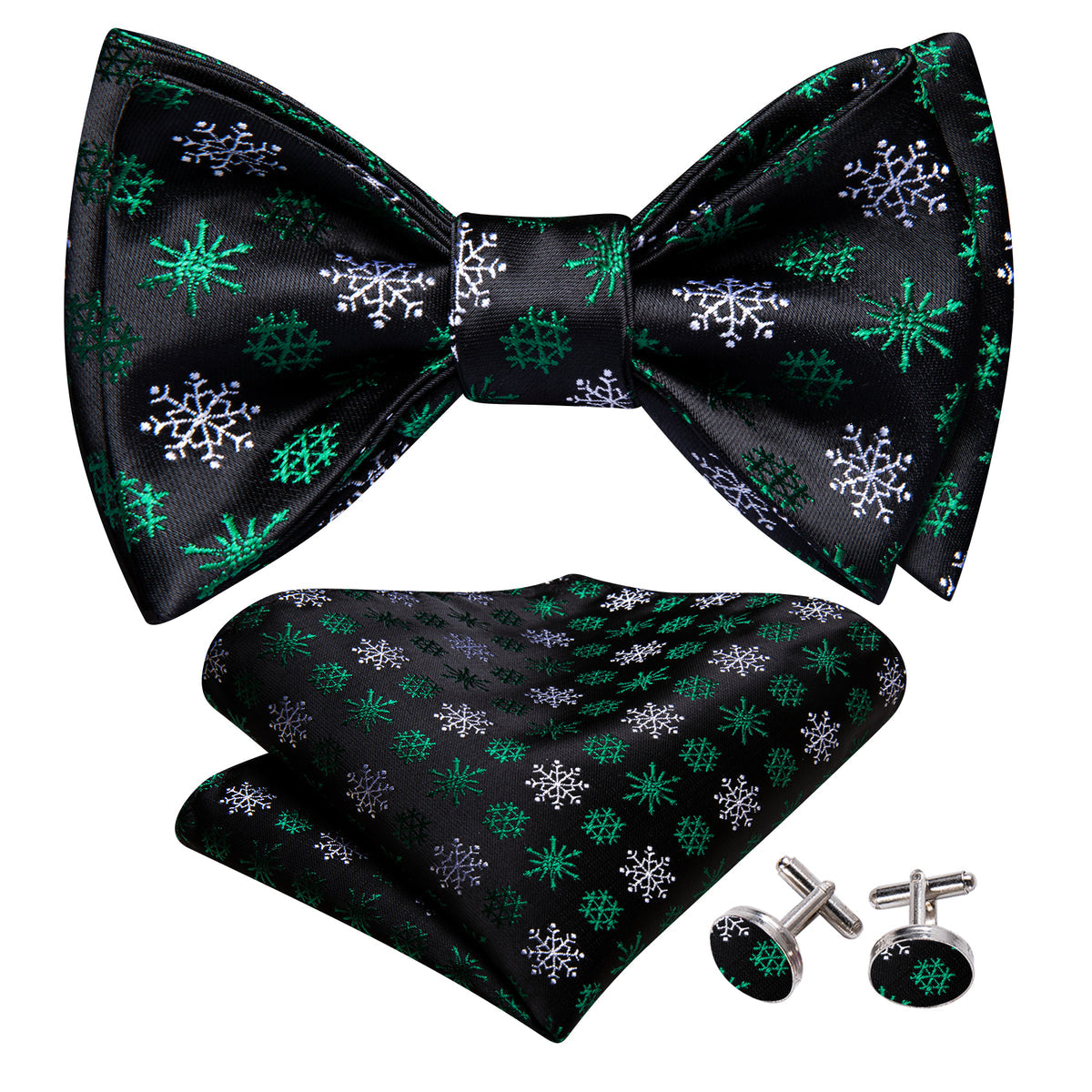 Black Green Snowflake Christmas Bow Tie Set - GentCrest