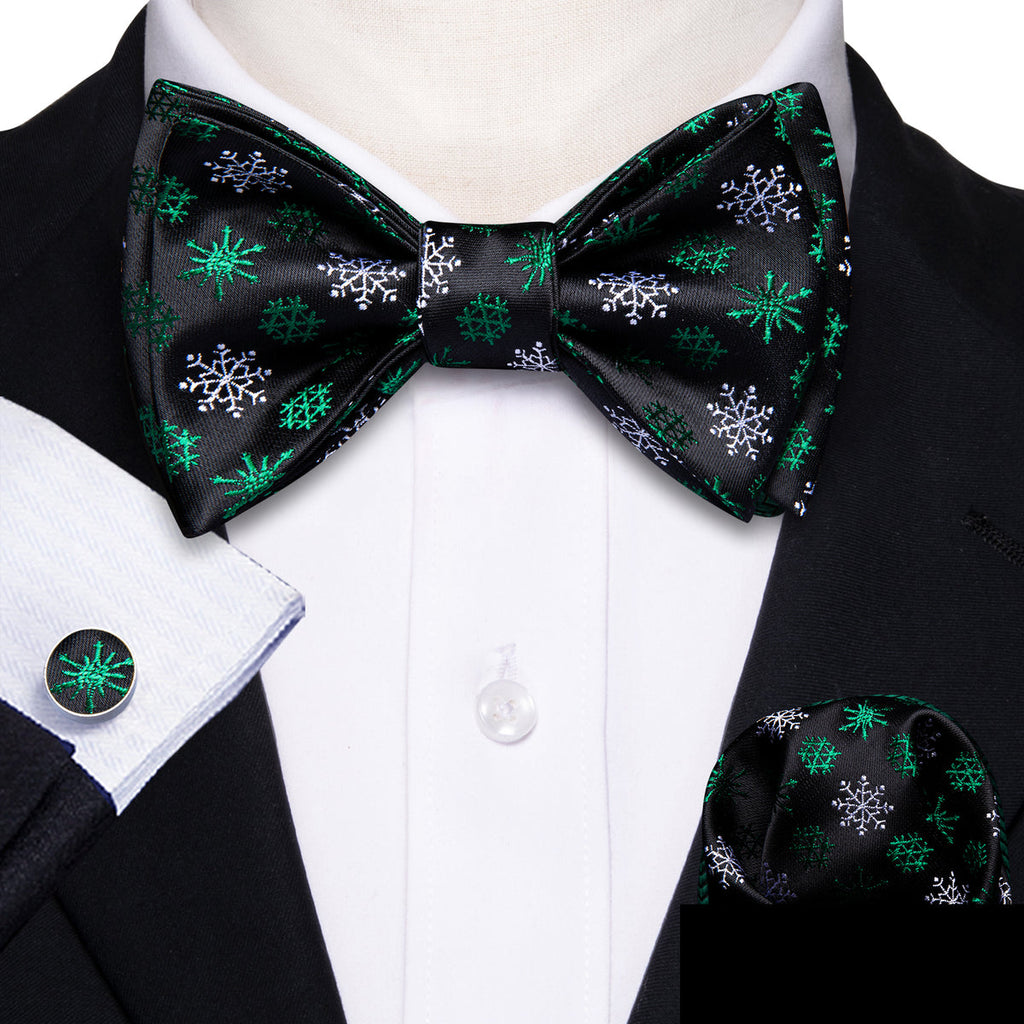 Black Green Snowflake Christmas Bow Tie Set - GentCrest - View 2