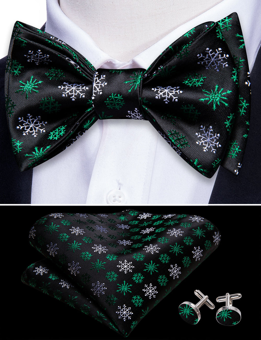 Black Green Snowflake Christmas Bow Tie Set - GentCrest - View 3