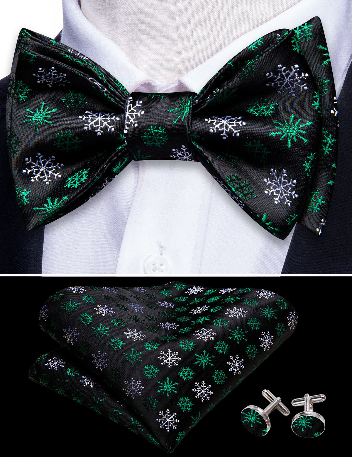 Black Green Snowflake Christmas Bow Tie Set - GentCrest - View 3
