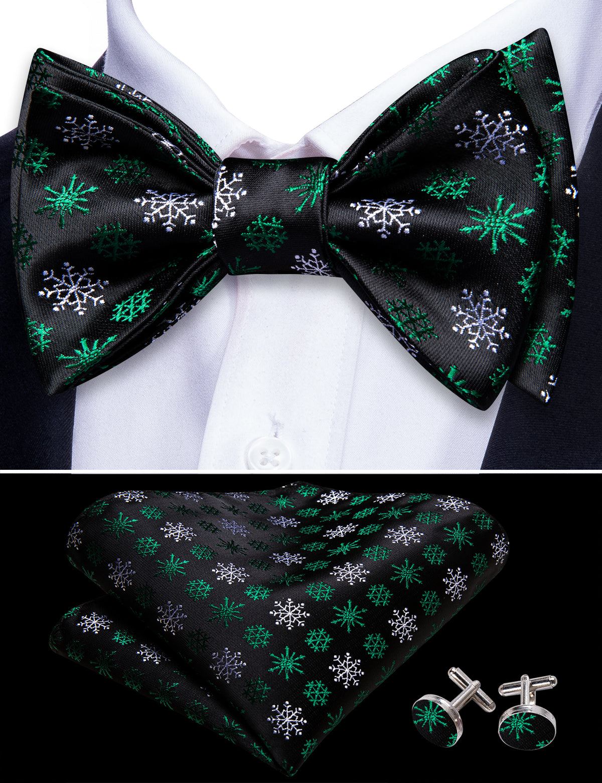 Black Green Snowflake Christmas Bow Tie Set - GentCrest - View 4