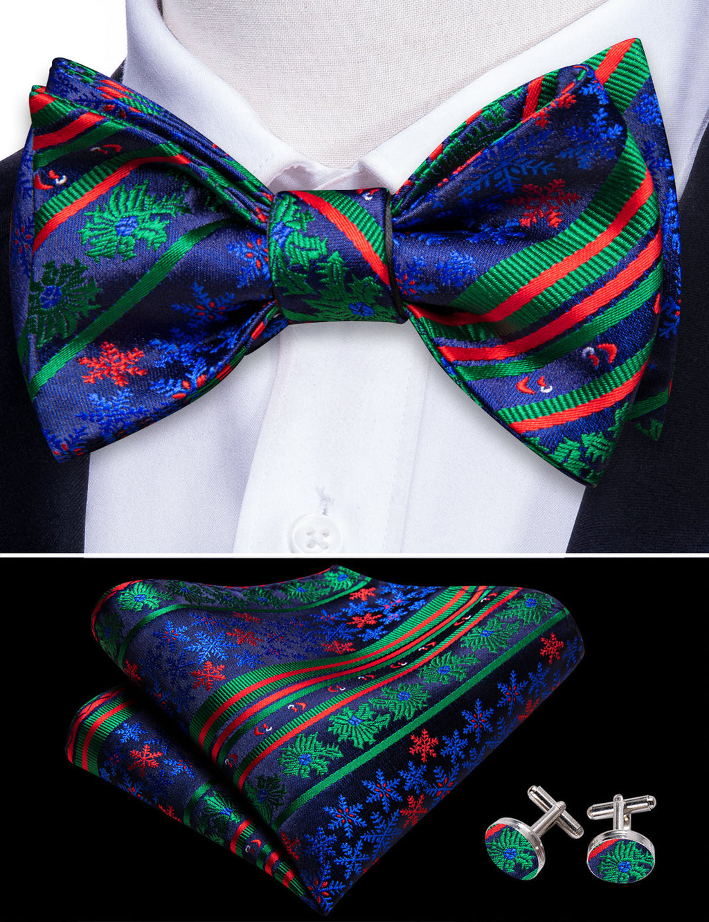 Blue Green Snowflake Christmas Bow Tie Set - GentCrest - View 3