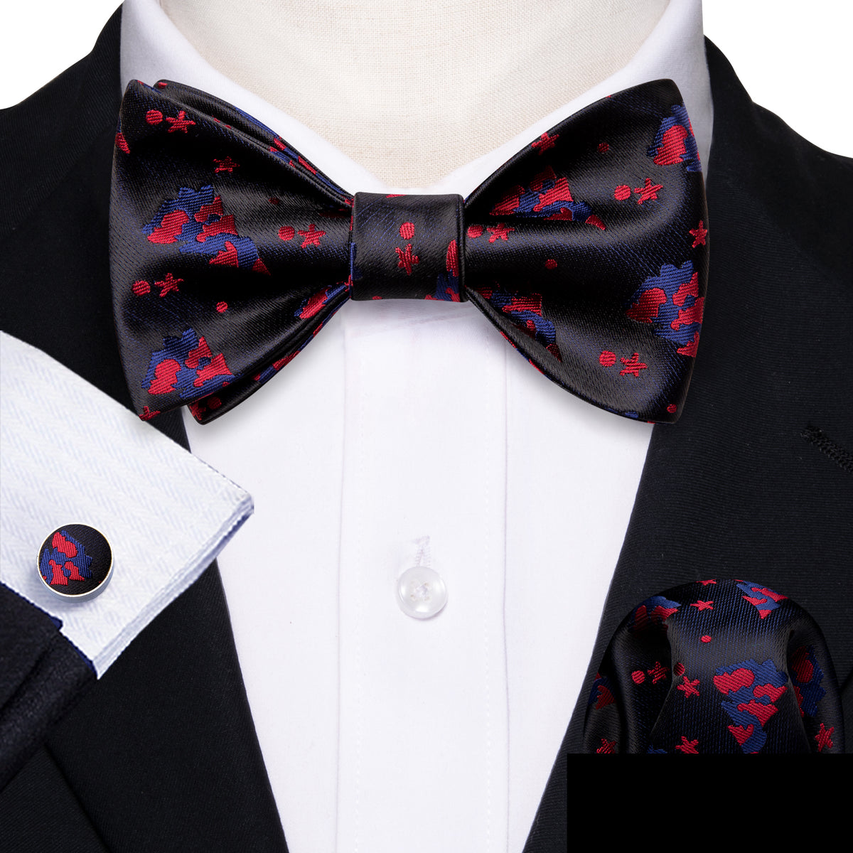 Black Red Tree Silk Christmas Bow Tie Set - GentCrest - View 2