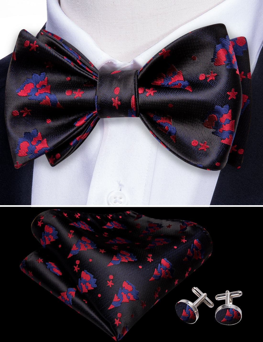 Black Red Tree Silk Christmas Bow Tie Set - GentCrest - View 3