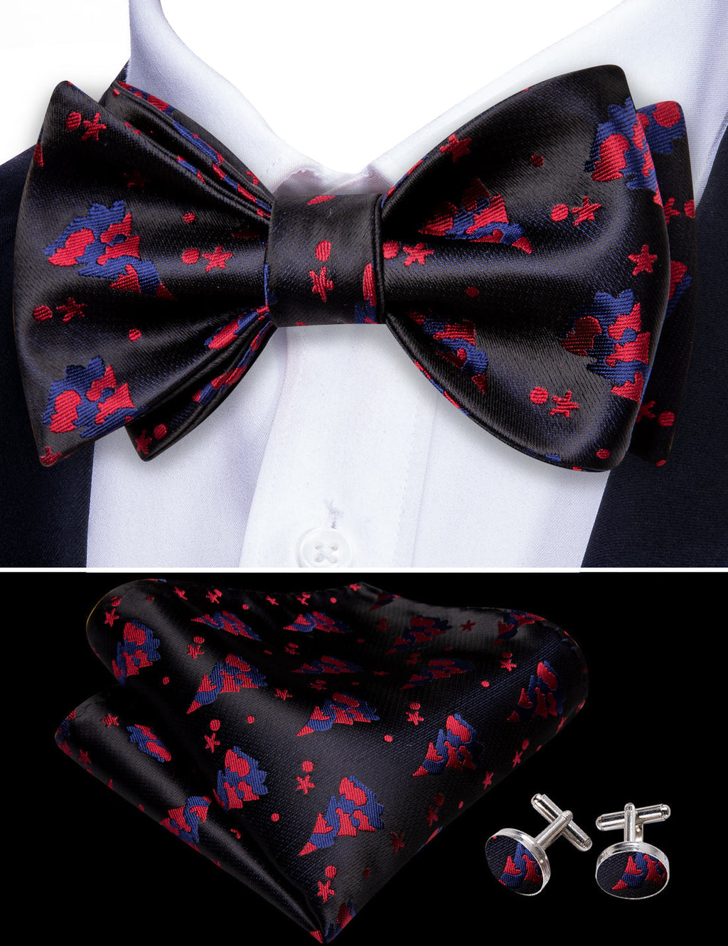 Black Red Tree Silk Christmas Bow Tie Set - GentCrest - View 4