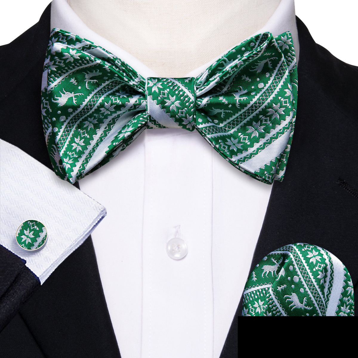 Green White Elk Christmas Bow Tie Set - GentCrest - View 2