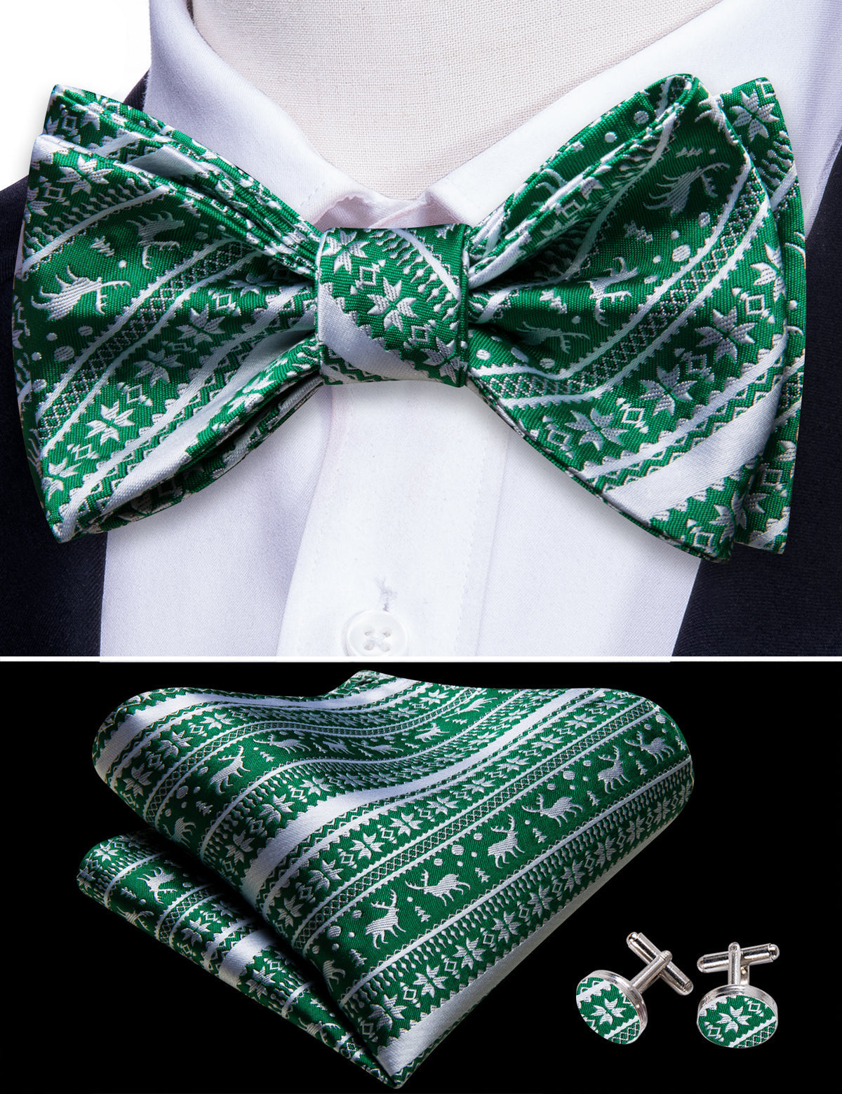 Green White Elk Christmas Bow Tie Set - GentCrest - View 3