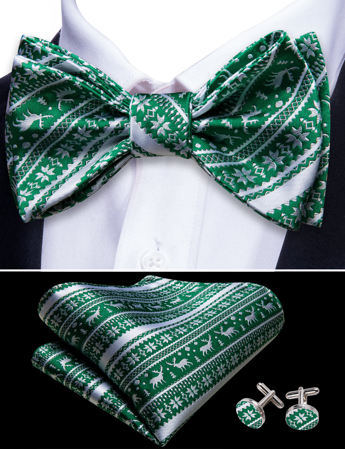 Green White Elk Christmas Bow Tie Set - GentCrest - View 4