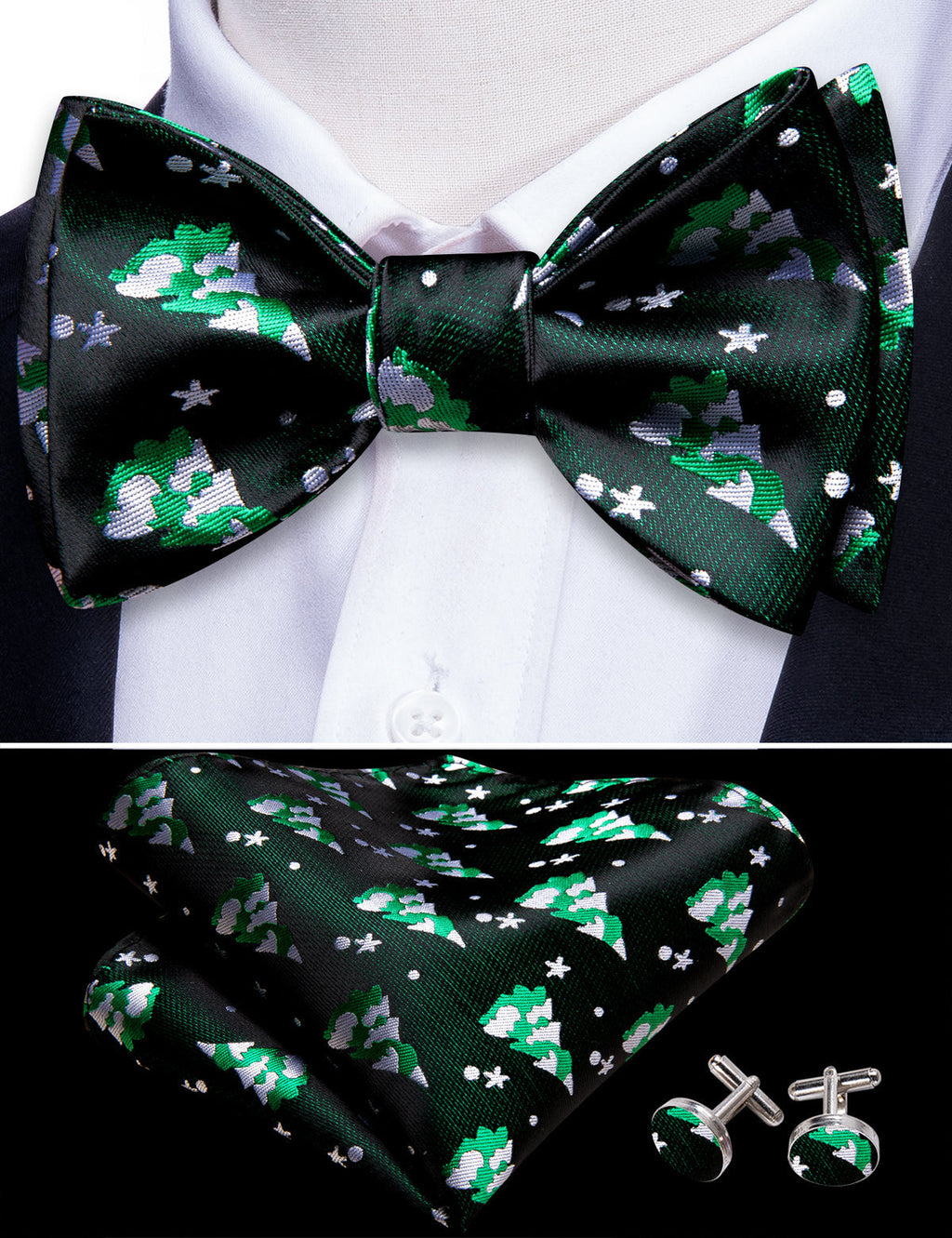 Black & Emerald Green Christmas Tree Bow Tie Set - GentCrest - View 2