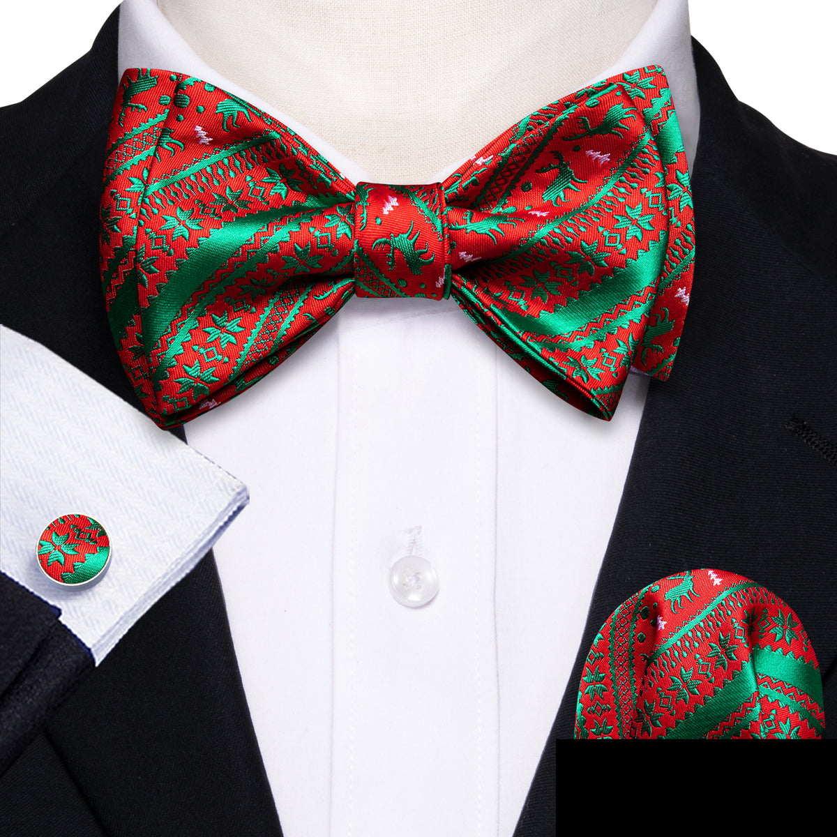 Green Red Xmas Elk Bow Tie Set - GentCrest - View 2