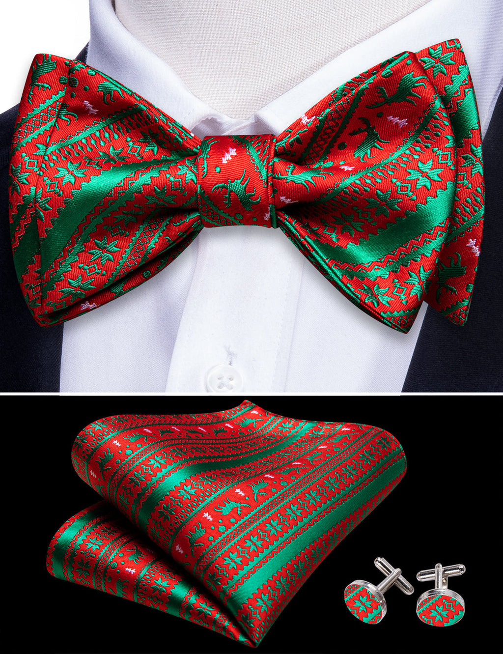 Green Red Xmas Elk Bow Tie Set - GentCrest - View 3