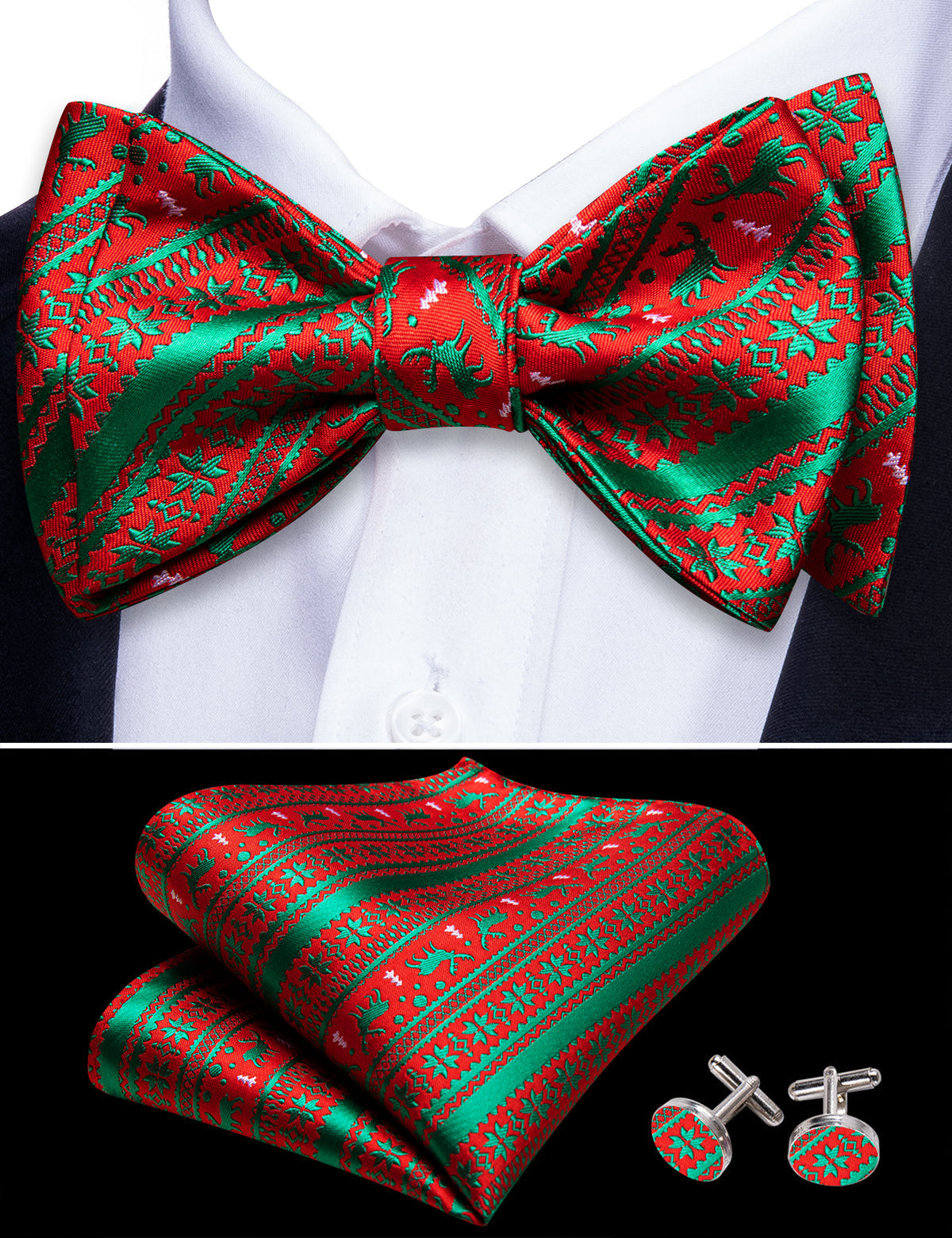 Green Red Xmas Elk Bow Tie Set - GentCrest - View 4