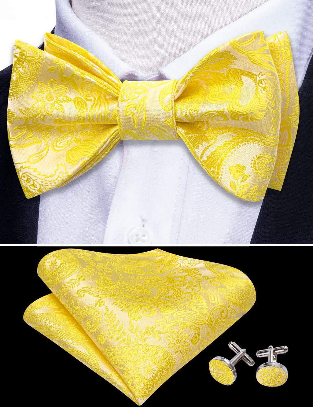 Light Yellow Paisley Bow Tie Set - GentCrest - View 5