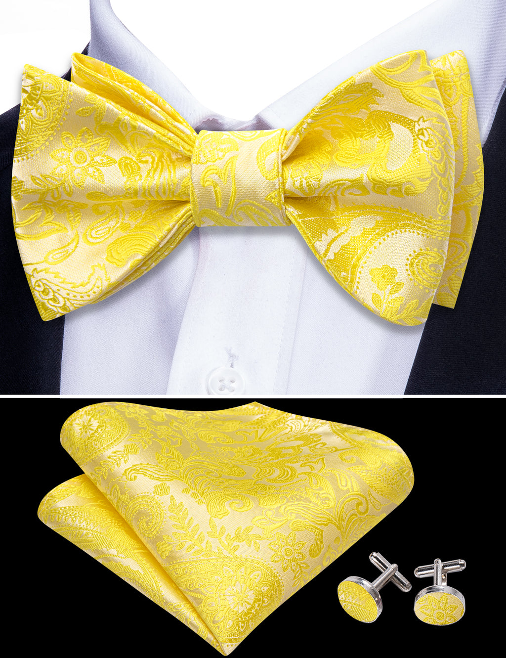 Light Yellow Paisley Bow Tie Set - GentCrest - View 4