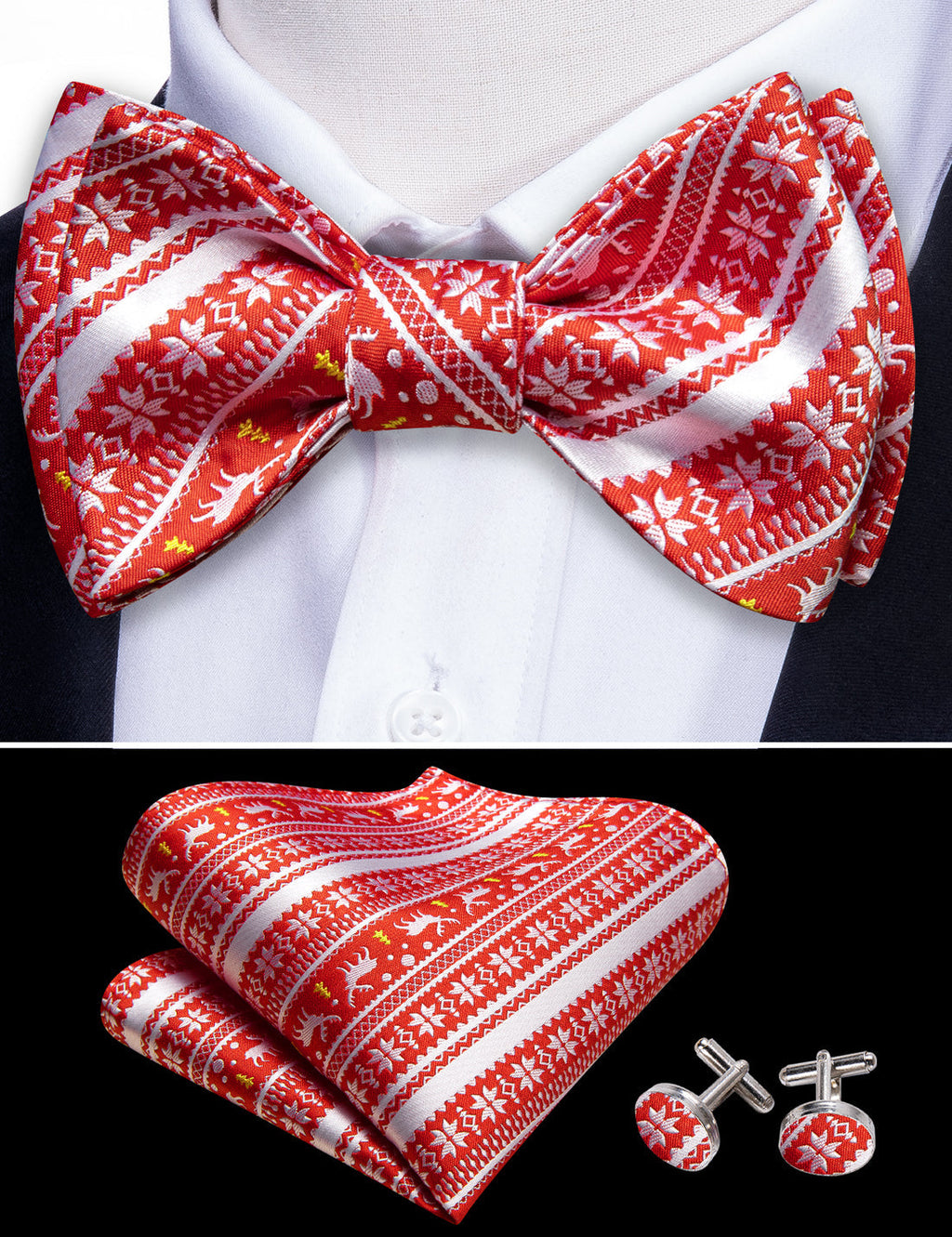 Red Silver Elk Christmas Bow Tie Set - GentCrest - View 3