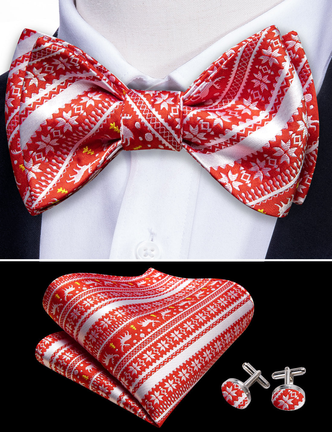 Red Silver Elk Christmas Bow Tie Set - GentCrest - View 3