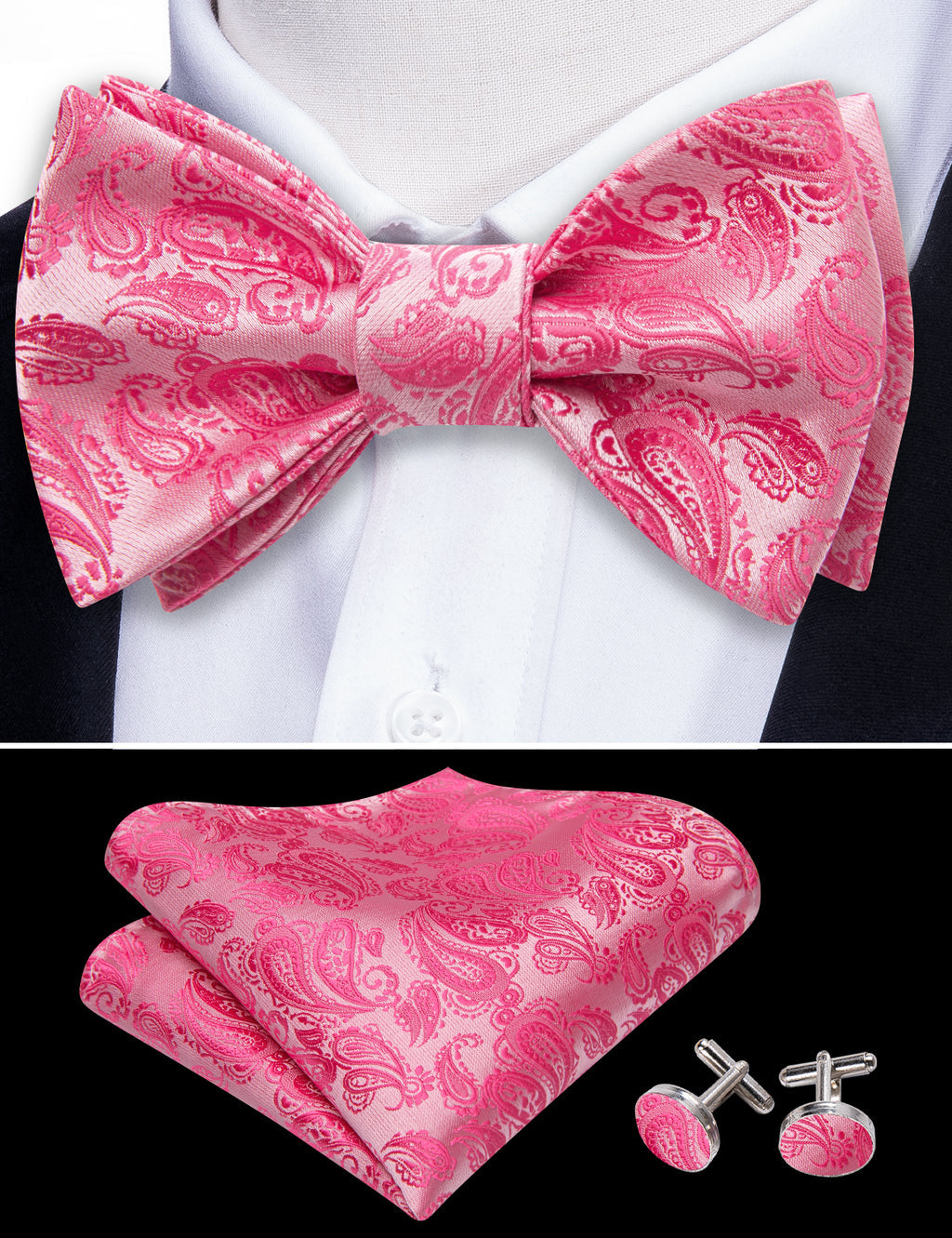 Hot Pink Paisley Bow Tie Set - GentCrest - View 3