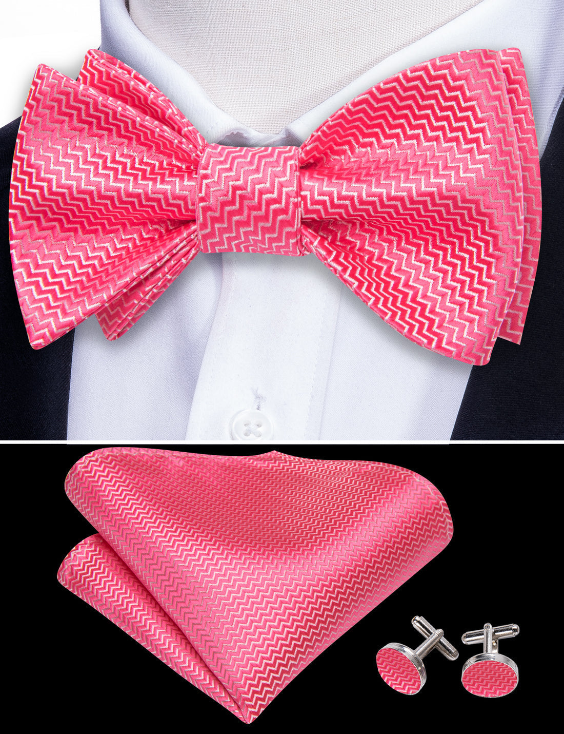 Pink Shock Striped Bow Tie Set - GentCrest - View 2