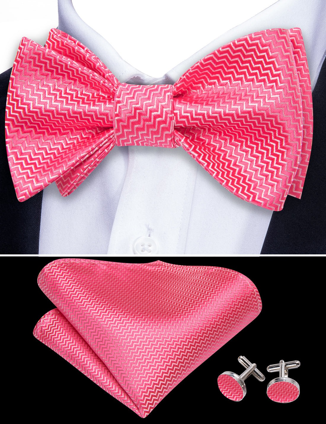 Pink Shock Striped Bow Tie Set - GentCrest - View 4