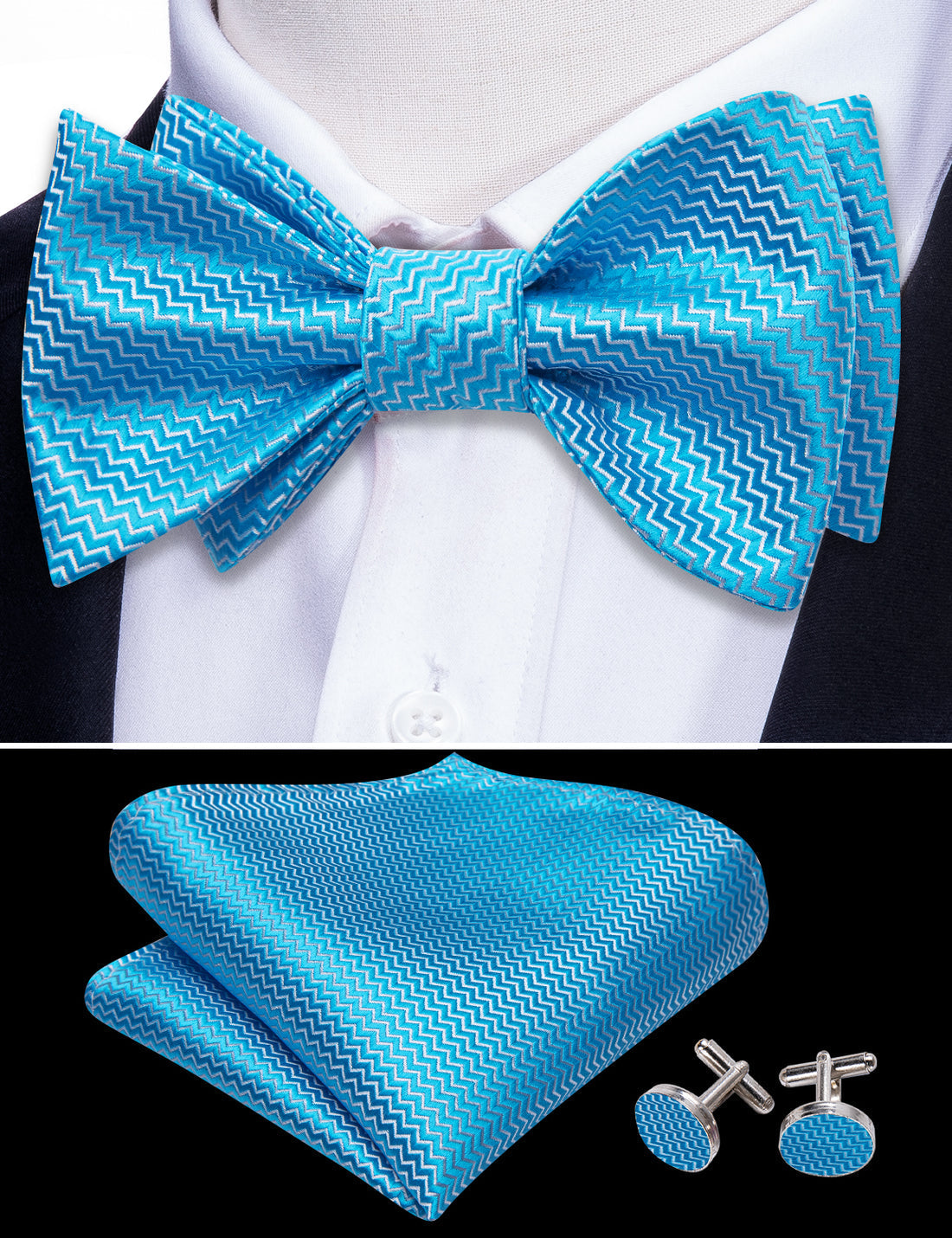 Sky Blue Striped Bow Tie Set - GentCrest - View 2