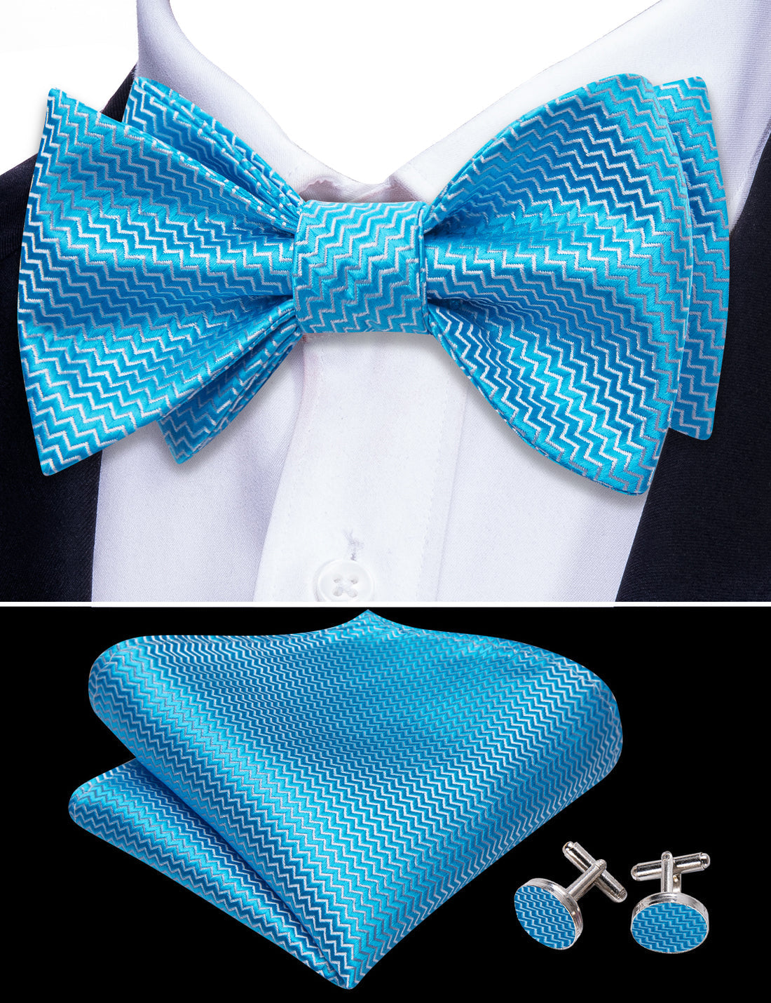 Sky Blue Striped Bow Tie Set - GentCrest - View 4