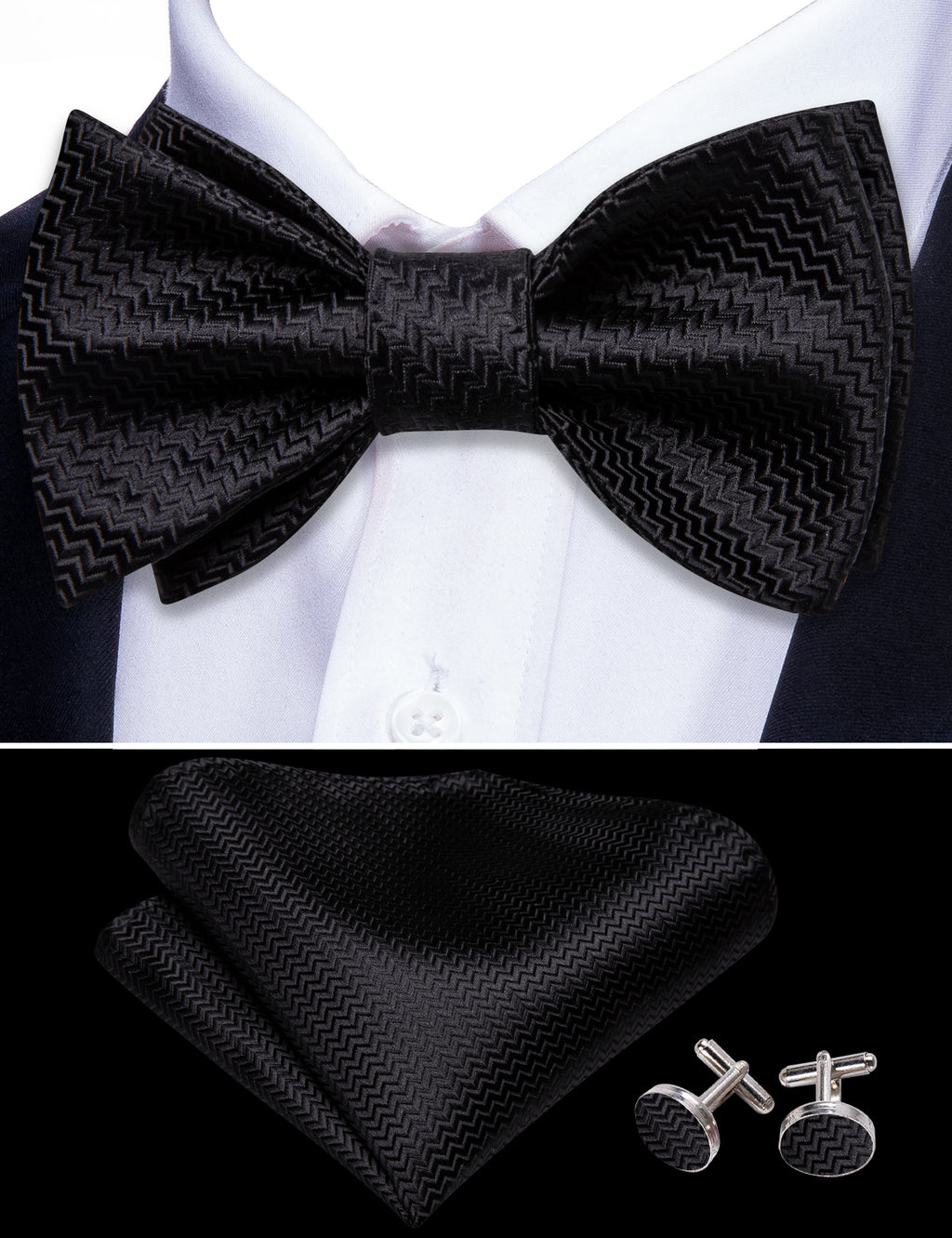 Black Striped Bow Tie Set - GentCrest - View 4