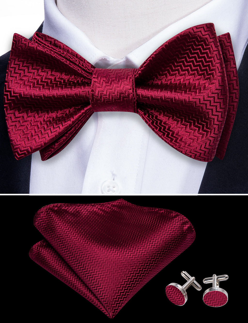Dark Red Striped Bow Tie Set - GentCrest - View 4