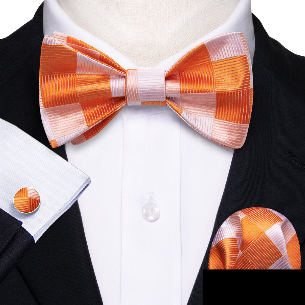 Orange White Plaid Bow Tie Set - GentCrest - View 4