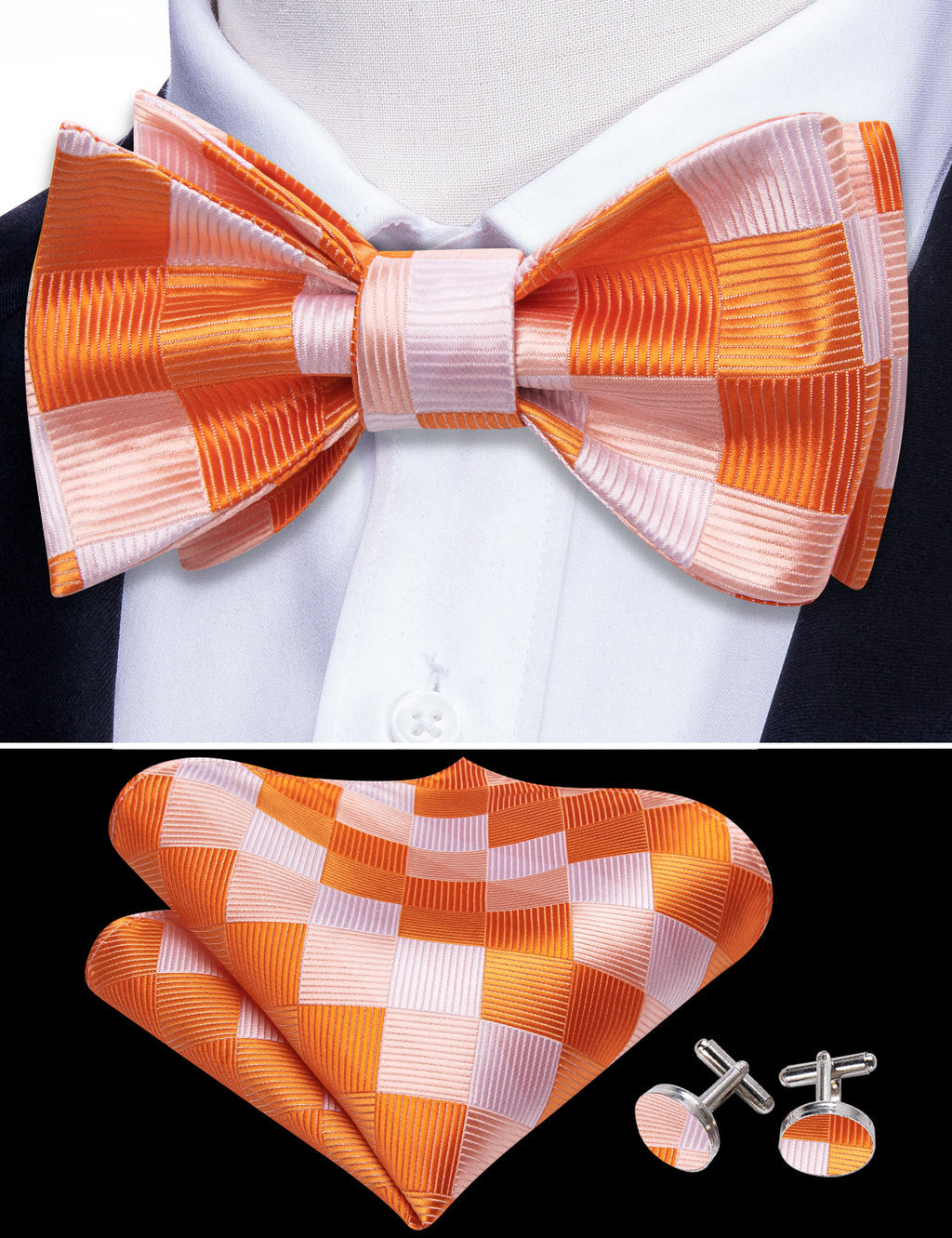 Orange White Plaid Bow Tie Set - GentCrest - View 2