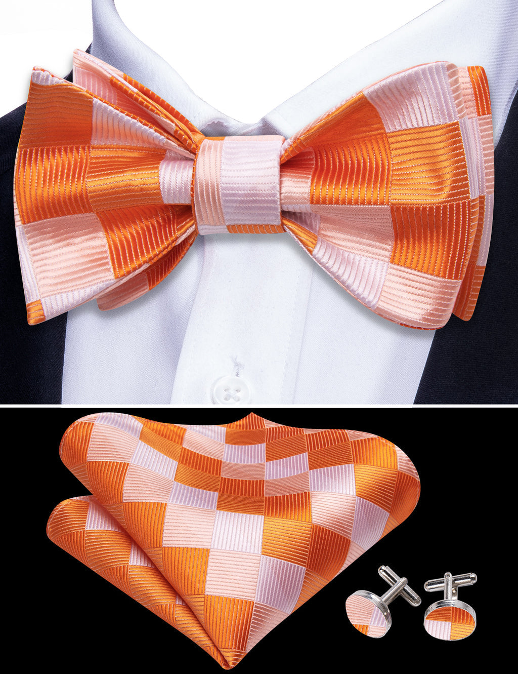 Orange White Plaid Bow Tie Set - GentCrest - View 3